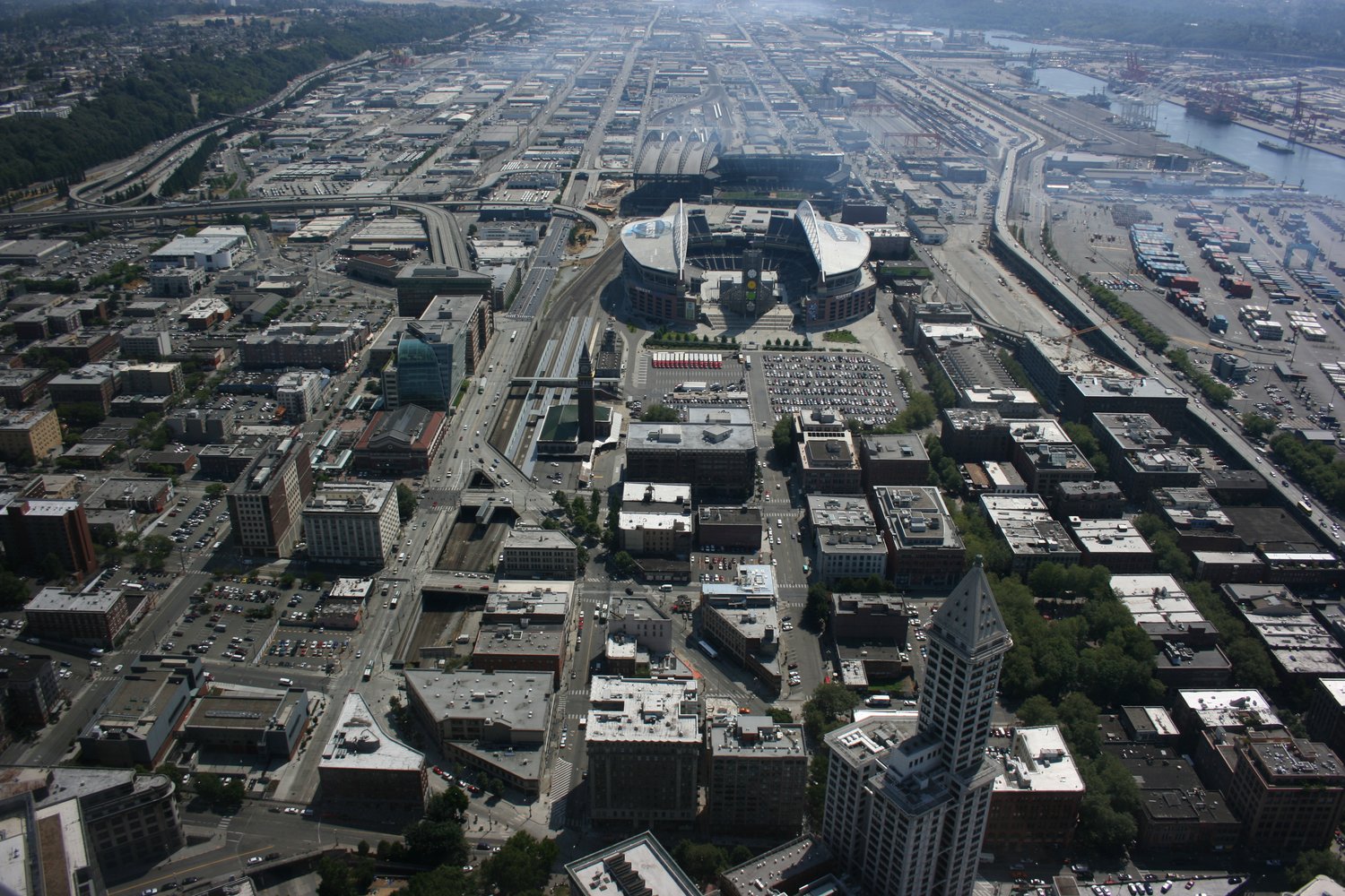 South of Downtown Seattle (SoDo) as seen from Columbia Tower in central Seattle. 